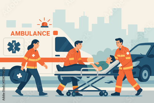 Paramedics rescue team providing emergency medical aid to accident victim. Ambulance car, stretcher, medical staff in city. First aid, healthcare, emergency services illustration.