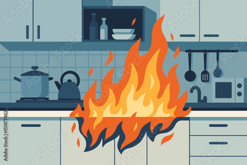 Kitchen fire disaster, burning stove, home emergency, household accident. Flames engulfing kitchenware, dangerous situation, safety hazard, property damage. Insurance concept vector illustration.