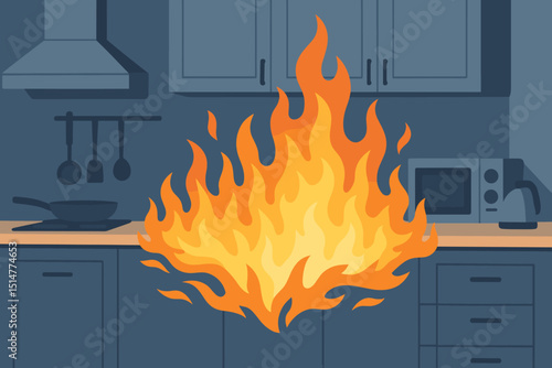 Kitchen fire disaster, home emergency with burning flames. Household accident, dangerous cooking hazard. Interior safety risk, property damage. Insurance claim concept illustration.
