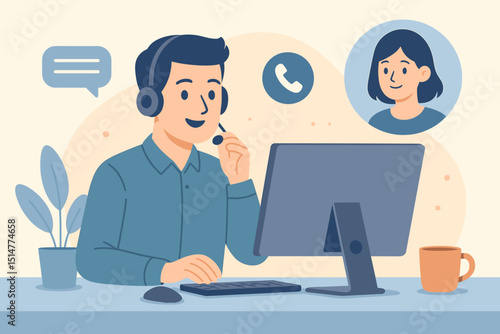 Call center agent providing customer support. Male operator with headset at computer, assisting female client online. Customer service, helpdesk, telemarketing, communication vector illustration.