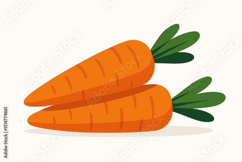 Fresh orange carrots vector illustration. Two vibrant stacked carrots with green tops, healthy eating food concept. Organic vegetable graphic element for cooking, recipe, market, or grocery design.
