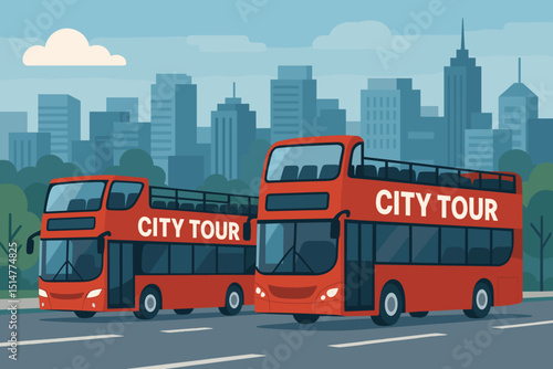 City tour double decker buses in urban landscape. Sightseeing transportation vector illustration for tourism and travel. Two red iconic tourist vehicles against a city skyline.