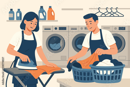 Couple doing laundry together, woman ironing clothes on board, man sorting garments by washing machines. Household chores, domestic life, cleanliness, laundromat service vector illustration.