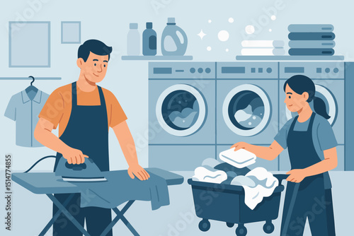 Laundromat. Laundry service. Ironing. Washing clothes. Man, woman working. Household chores. Domestic cleaning. Self-service machines. Fresh linen. Hygiene. Vector illustration.