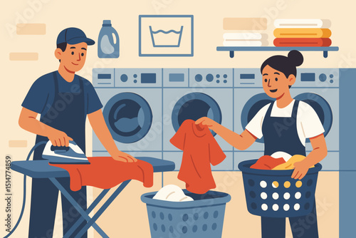 Laundromat service with man ironing and woman sorting clothes. Couple doing laundry. Household chores, cleaning, domestic life. Washing machines, fresh apparel. Vector illustration. Hygiene concept.