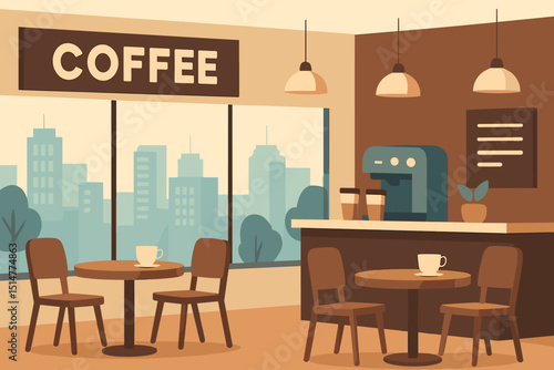 Modern coffee shop interior vector illustration. Empty cafe scene with tables, chairs, coffee machine, and city view window. Cozy coffeeshop, bistro, or coffee house background for beverage concepts.