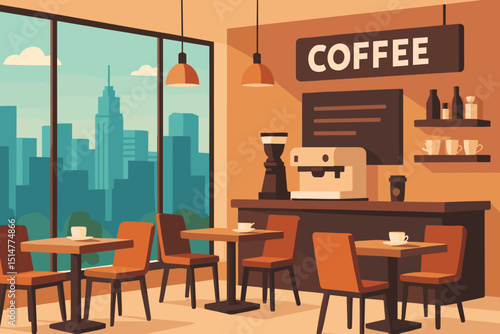 Modern coffee shop interior with city view window. Cafe scene with tables, chairs, espresso machine, and coffee cups. Urban lifestyle, morning break concept. Flat vector illustration background.