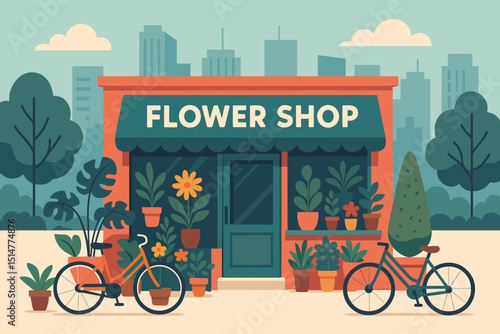 Flower shop facade vector illustration. Urban florist storefront with plants, flowers, bicycle. Cityscape background. Small local business retail building. Modern flat design exterior. Greenery pots.