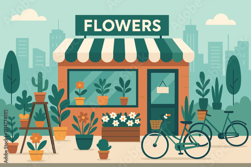Urban flower shop facade with bicycle and potted plants. City florist storefront illustration. Small business retail building exterior. Local market garden store. Flowers for sale vector.