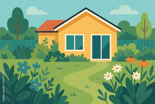 Yellow house with a lush green garden, blooming flowers, and winding path. Idyllic backyard oasis landscape vector illustration. Perfect for real estate, spring, summer themes. Flat design.