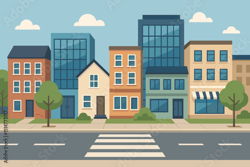 Urban cityscape scene with colorful buildings, street, crosswalk, and trees. Flat design vector illustration of a town or city. Modern architecture background for urban life concept.