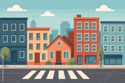 City street scene with colorful buildings, pedestrian crosswalk, and trees. Urban landscape with cityscape silhouette background. Flat design vector illustration for town or city life concept.