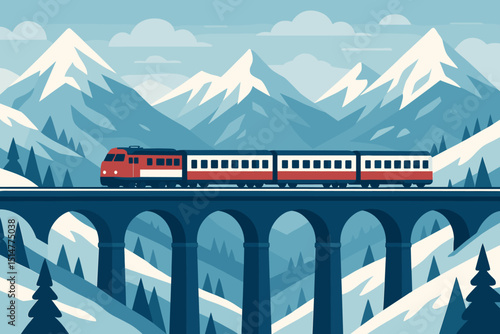 Scenic winter travel illustration. Red passenger train on viaduct bridge traversing snowy mountain landscape. Alpine railroad journey, transportation tourism concept in flat design style.