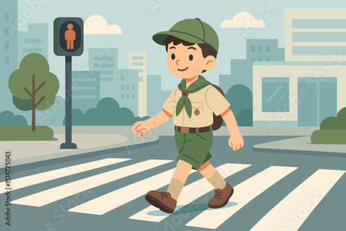 Boy scout in uniform confidently walking on city crosswalk. Child pedestrian safety concept. Traffic light, urban background. Kids learning road rules. Vector illustration for education. Adventure.
