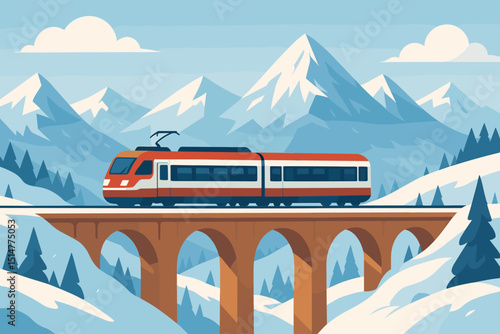 Scenic winter mountain landscape with passenger train on railway bridge. Modern electric locomotive crossing viaduct in snowy alpine scenery. Travel, tourism, transportation concept vector.