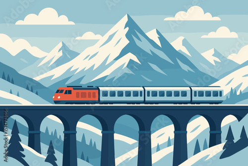 Red passenger train crossing a viaduct bridge in a stunning snowy mountain landscape. Winter travel and alpine journey concept. Flat design vector illustration of scenic railway transportation.