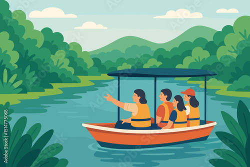 Family boat tour on a scenic river, adventure vacation with people in life vests exploring lush green nature. Summer holiday sightseeing, group travel vector illustration, outdoor leisure.
