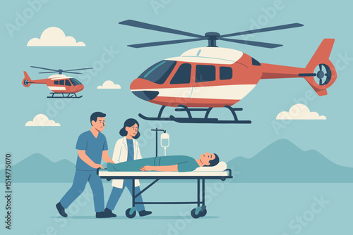 Rescue helicopter medical team transporting patient. Air ambulance emergency evacuation with doctor, nurse. EMS healthcare illustration. Medical chopper service vector graphic.