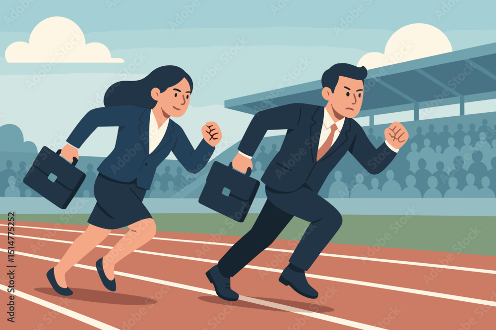 Business competition concept with businessman and businesswoman racing on stadium track. Career ambition, corporate challenge, deadline rush, and professional rivalry illustration. Business competition concept with businessman and businesswoman racing on stadium track. Career ambition, corporate challenge, deadline rush, and professional rivalry illustration.