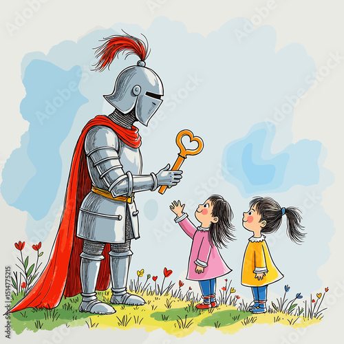 Knight giving heart-shaped key to two children in a colorful garden  