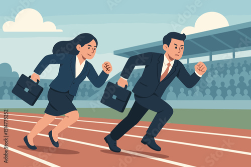 Business competition concept with businessman and businesswoman racing on stadium track. Career ambition, corporate challenge, deadline rush, and professional rivalry illustration.