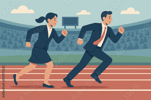 Business competition concept with businessman and businesswoman in suits racing on a stadium track. Career race metaphor, striving for success, deadline pressure, corporate challenge.