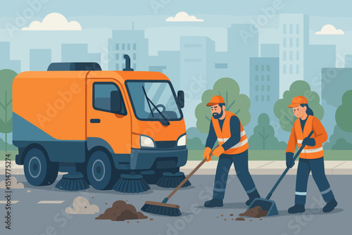 City street cleaning service team with sweeper truck vector illustration. Municipal workers sweeping road, urban sanitation concept. Public hygiene, city maintenance, cityscape background.