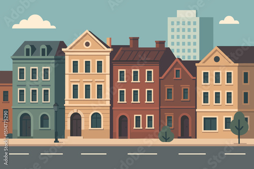 Vector illustration of an old city street with historic European houses and buildings. Townscape architecture, urban cityscape front view. Flat cartoon design for background or web.