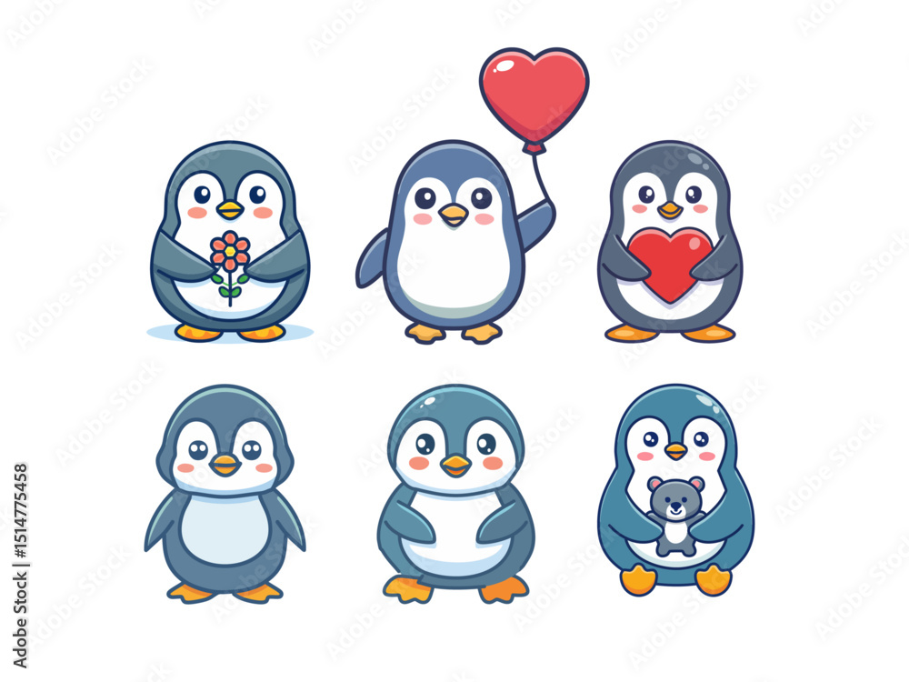 Naklejka premium Cute Cartoon Penguin Vector Set – Adorable Baby Penguins in Various Poses and Outfits for Winter, Holiday, and Children’s Designs