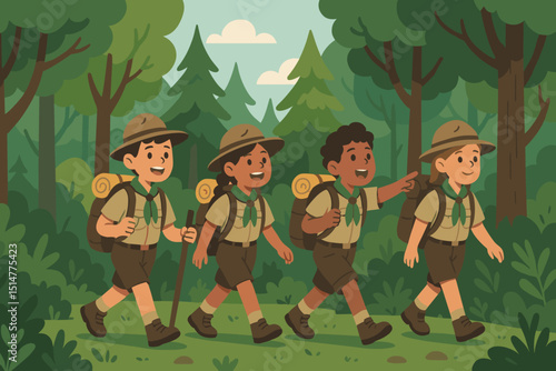 Diverse group of happy children scouts hiking in a lush forest. Kids exploring nature on an adventure trail. Summer camp teamwork and friendship vector illustration for youth activities.