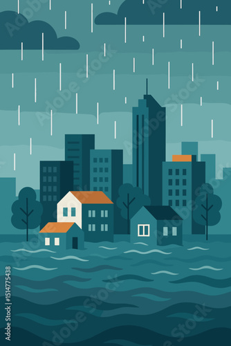 City flood disaster illustration. Heavy rainstorm, urban inundation concept. Climate change impact, rising water levels, submerged buildings. Natural catastrophe, severe weather, emergency vector art.