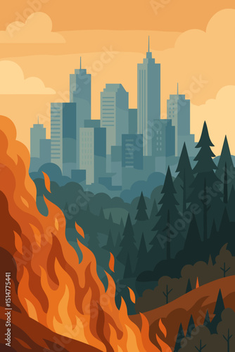 Wildfire advancing on city skyline, forest fire threatening urban landscape. Burning trees, intense flames, smoke. Climate change, global warming, natural disaster, emergency vector art.