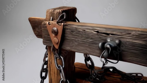 Old wooden pillory with metal chains, an antique restraint device, punishment instrument with weathered timbers and historical interest for justice themed content.