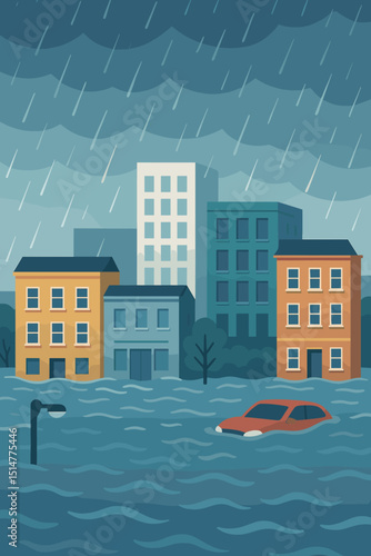 City flood disaster illustration. Urban street submerged after heavy rainstorm, car underwater. Climate change impact, extreme weather event, natural catastrophe, environmental crisis.