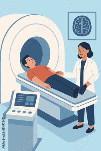 Medical illustration of patient undergoing MRI exam. Doctor performing magnetic resonance imaging scan for brain diagnosis. Radiology, healthcare technology, hospital diagnostic procedure concept.