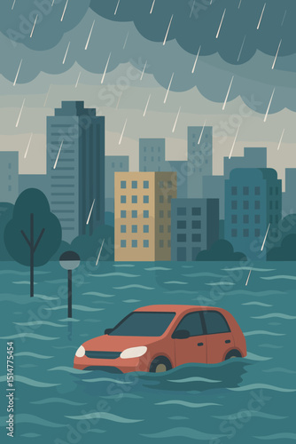City flood disaster, urban street submerged in water after heavy rain. Car drowning in flooded road. Climate change effect, natural catastrophe, extreme weather, emergency. Vector illustration.