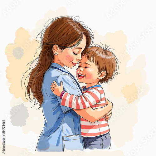 Nurse embracing a smiling child in a tender moment of care, Concept of Nurses' work with seriously ill children  