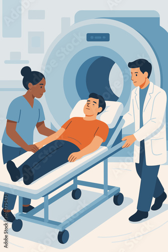 MRI scan medical procedure with doctor and nurse assisting patient on stretcher. Magnetic resonance imaging for diagnostics in hospital. Healthcare professionals with advanced radiology technology.