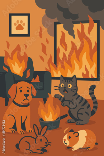 House fire, pet danger, home accident. Scared dog, cat, rabbit, guinea pig in burning room with flames, smoke. Vector cartoon illustration for emergency, fire safety, animal welfare.
