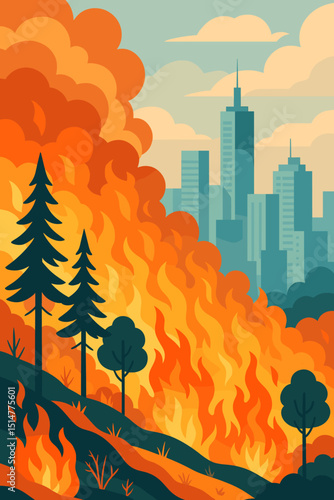 City edge wildfire disaster illustration. Forest fire approaching urban skyline, burning trees, smoke. Climate change, environmental catastrophe, emergency, nature destruction concept.
