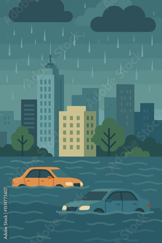 City flood disaster vector. Urban street, submerged cars, heavy rain, storm. Extreme weather, climate change, natural catastrophe, emergency, environmental crisis, city flooding illustration.