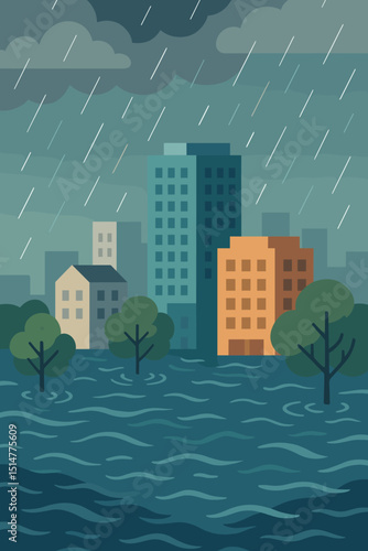 Urban flood disaster. Cityscape submerged. Heavy rain, stormy weather. Flooding crisis. Climate change impact. Natural catastrophe. Environmental emergency. Buildings underwater. Vector illustration.