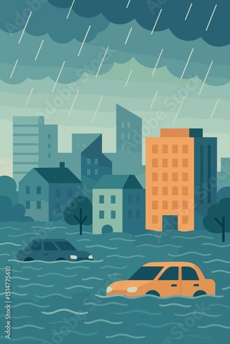 City flood disaster. Urban area underwater after heavy rainfall and storm. Submerged cars, flooded streets and buildings. Climate change effect. Extreme weather. Natural catastrophe. Vector.