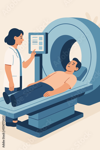 Female radiographer operates MRI scanner for male patient during medical diagnostic examination. Advanced healthcare technology for internal body imaging, disease detection, and health analysis.