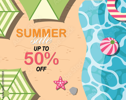 A summer sale beach sale poster with sea, sand, umbrella, pool float, beach ball, starfish, seashells, and umbrella. Flyer, poster, banner, card, or heading.