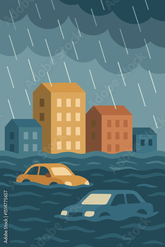 Flooded urban streets vector illustration. City underwater with submerged cars and buildings during heavy rainstorm. Natural disaster, climate change impact, catastrophic weather concept.