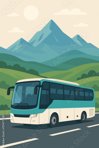 Tourist bus adventure on scenic mountain road. Coach travel illustration. Vector landscape journey. Tourism, vacation, transport concept. Flat design public transportation graphic. Outdoors trip.