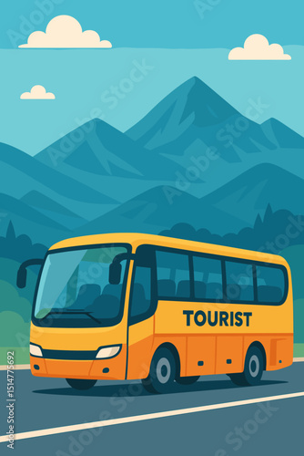 Yellow tourist bus on scenic mountain road adventure. Vector illustration for travel, vacation, sightseeing tour, public transport, road trip journey, and group excursions. Flat design.