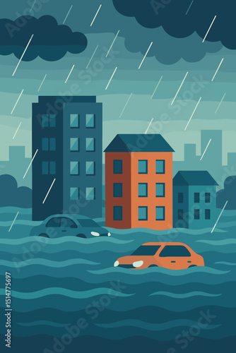 Flooded urban streets illustration. Cityscape disaster with submerged cars and buildings in deep water. Heavy rain, storm. Natural catastrophe, climate change, environmental crisis concept. Vector.