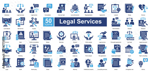 Legal Services icon set contains 50 icons including advocacy, legal services, legal advice, consultation, cost per lead, law enforcement, representation, agreement, simple vector two color style.